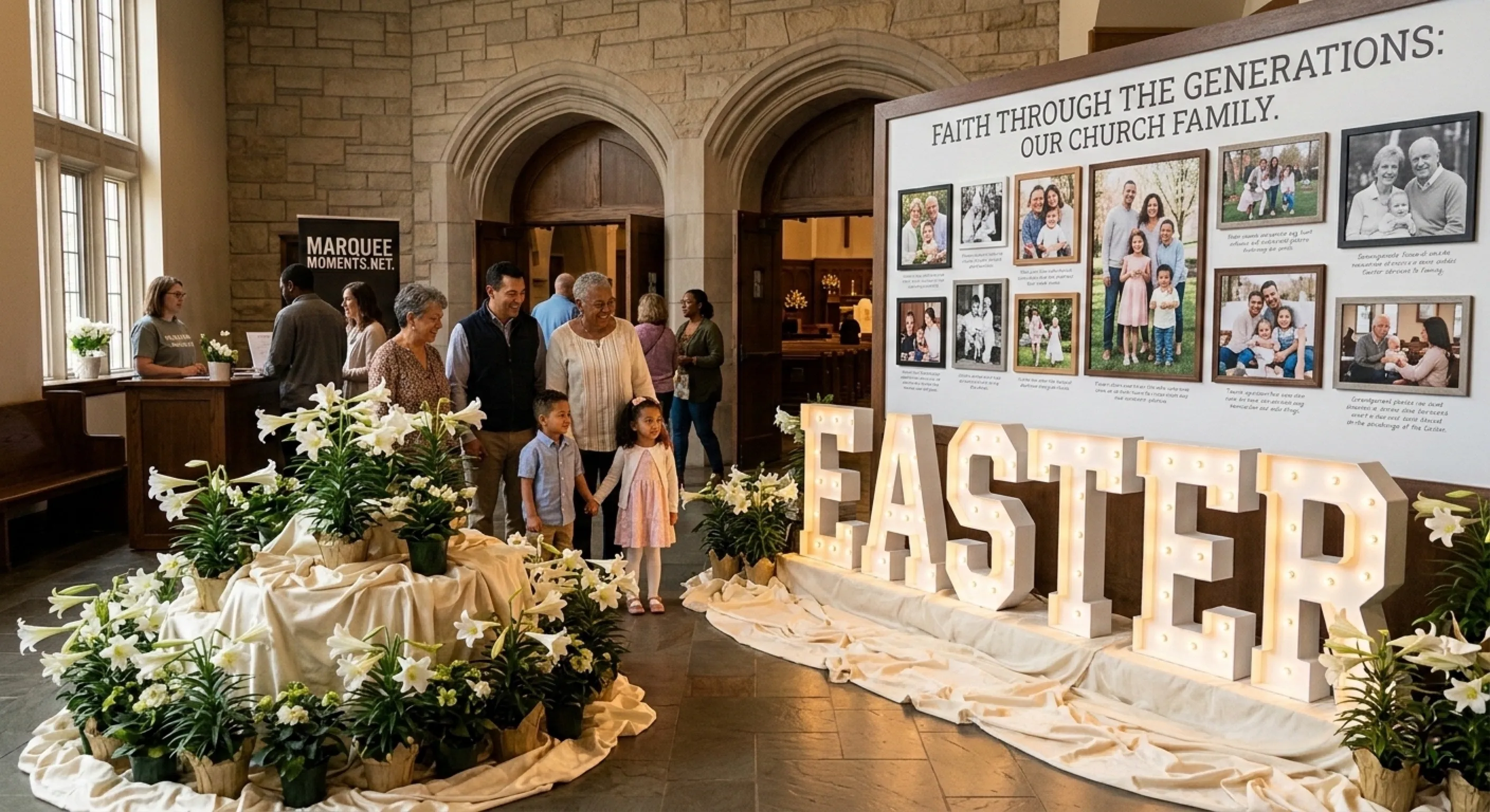 Illuminated symbols and letters at a church event or community religious gathering in the Capital Region