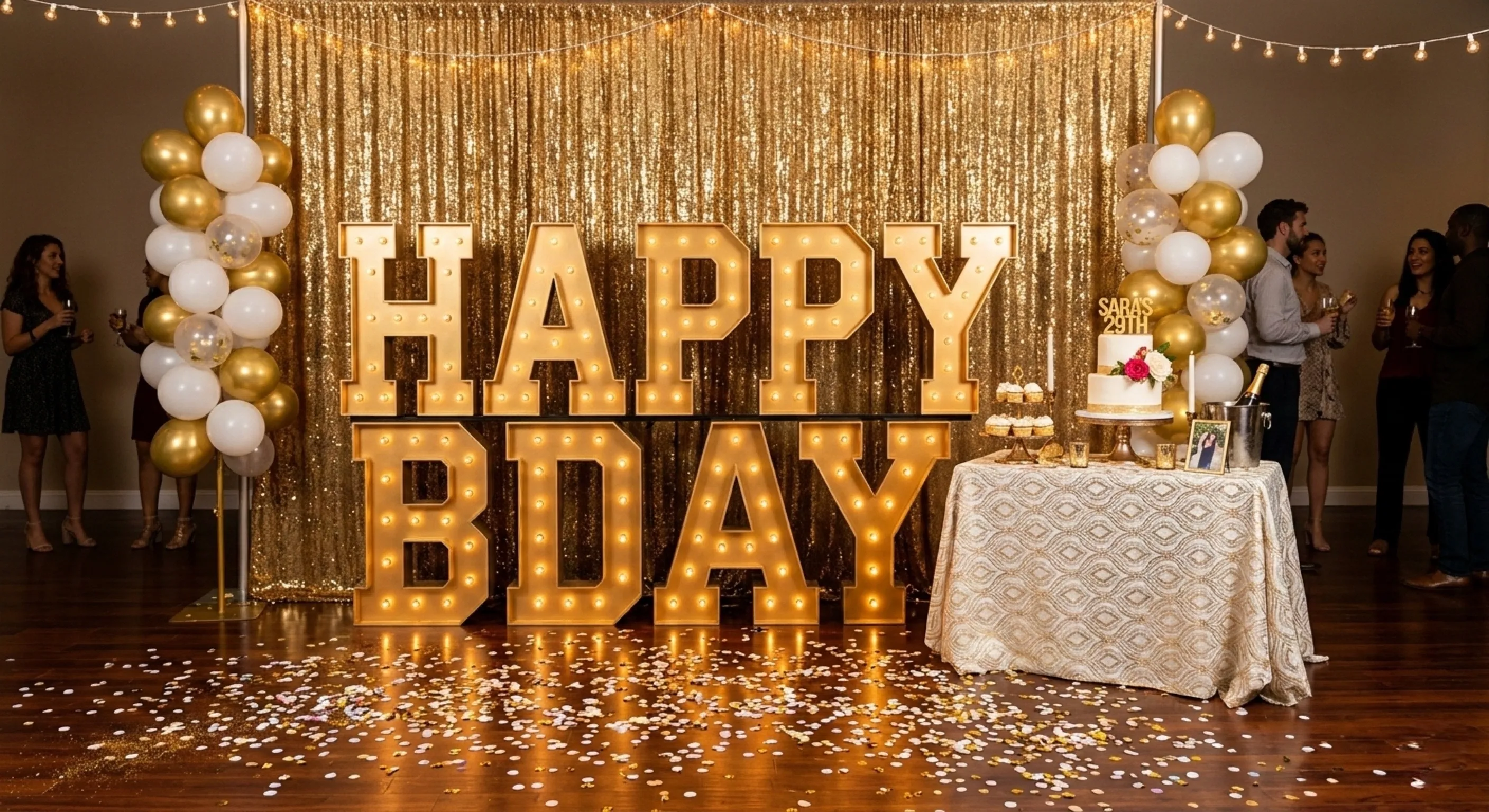 Custom marquee numbers spelling out a milestone birthday age with warm white lighting