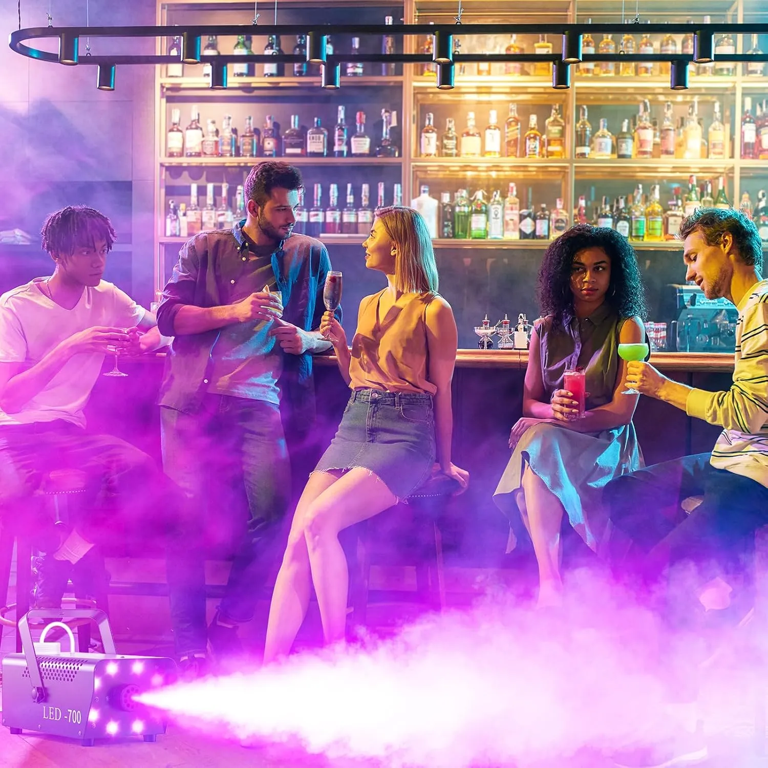 High-output RGB color-changing smoke machine used for dance floor atmospheric effects